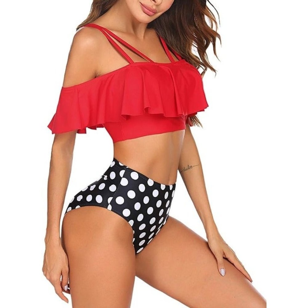 Women's Ruffle Off the Shoulder High Waisted Polka Dot Bikini Swimsuit XXL NWT